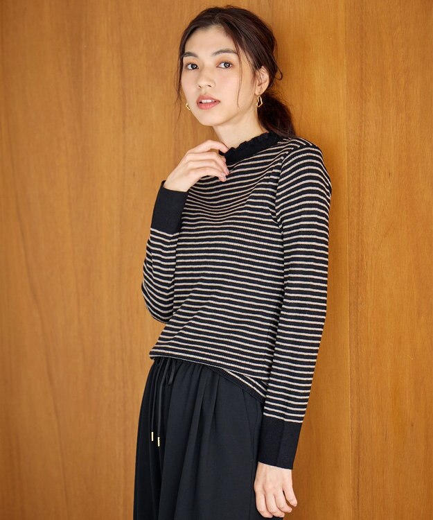 ANY 【洗濯機可/吸湿発熱】フリルネックリブニット ブラック×モカボーダー