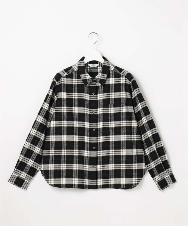 J.PRESS LADIES コットン起毛タータンチェック ショート丈 シャツ ブラウス ブラック×オフチェック系