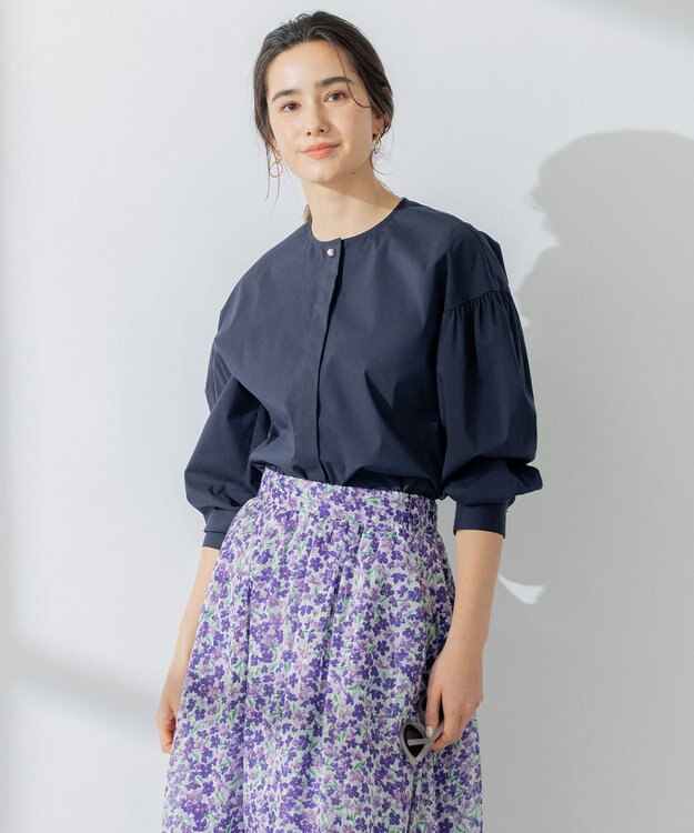 組曲 【洗える】C/Nyブロードノーカラー シャツ ネイビー系