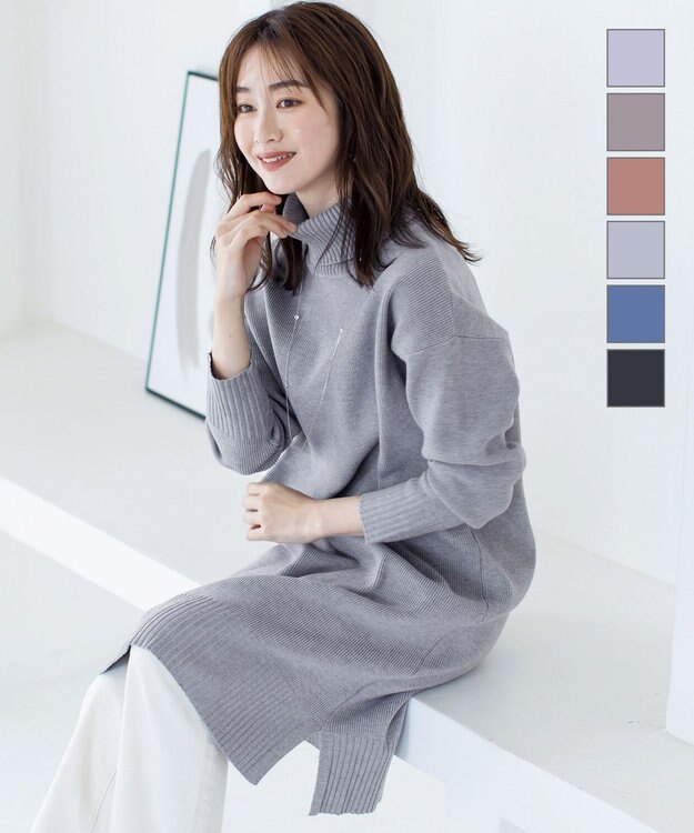 Tiaclasse 【洗える】華のあるニットタートルワンピース グレー