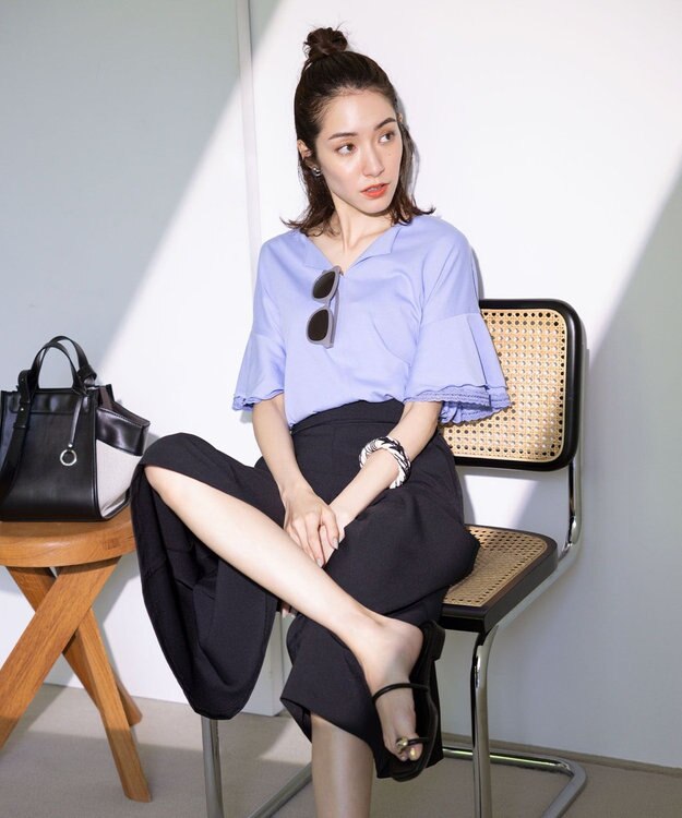 組曲 【汗ジミ防止・撥水】GIZAプレーティング天竺袖フリル カットソー スカイブルー系