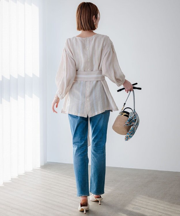 23区 L 【洗える】LIBECO ベルト付き ブラウス ベージュ×ホワイトストライプ