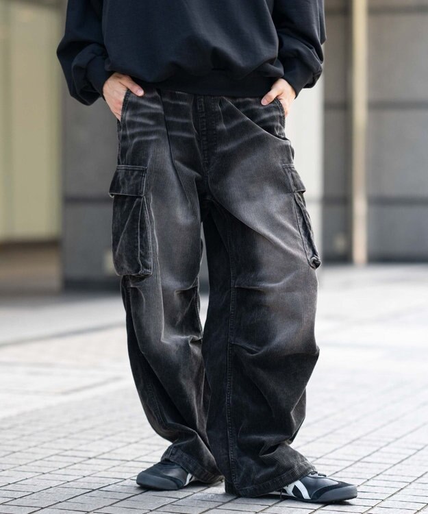 WEGO 【ウエストゴム/MLサイズ展開】イージーコーデュロイカーゴパンツ ブラックその他