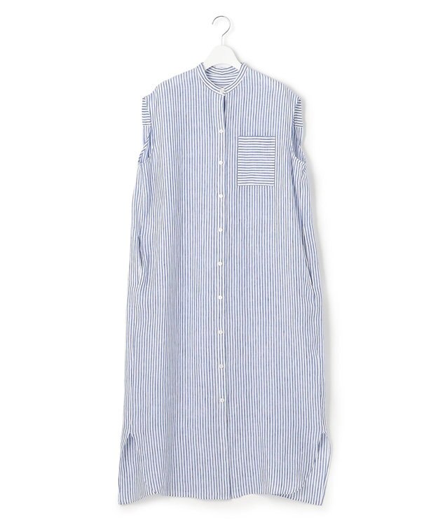 23区 【洗える】LIBECO ノースリーブ シャツ ワンピース ブルーストライプ