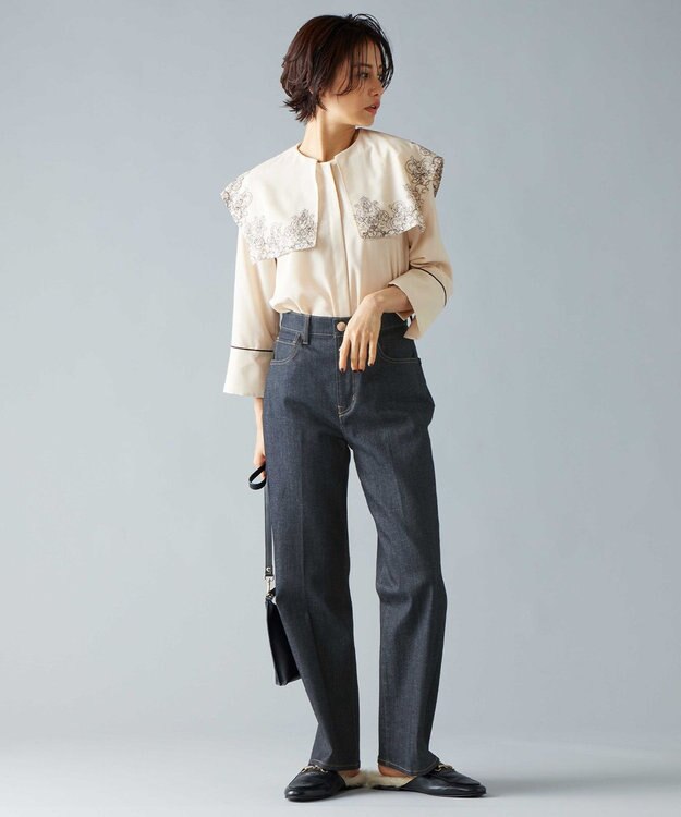 自由区 S 【2WAY・洗える】コードエンブロイダリー襟付き ブラウス シャンパンベージュ