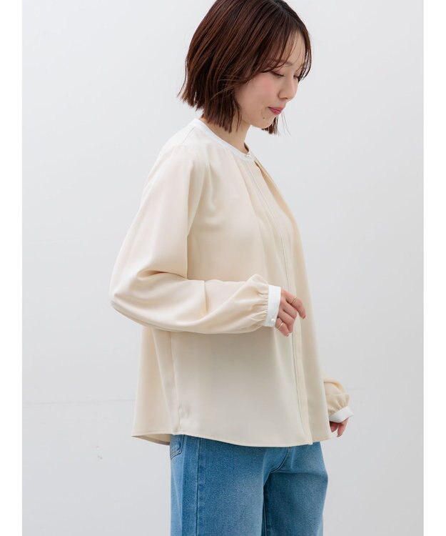 Te chichi パール釦配色タックブラウス ベージュ