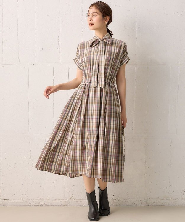 組曲 【リボンタイ付き】シアーツイルチェック ワンピース ベージュ系3