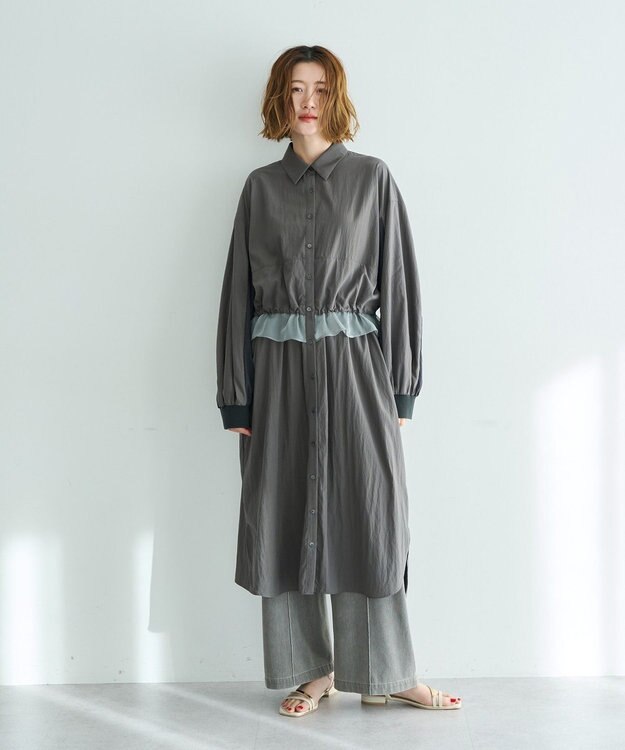 YECCA VECCA シアーMIXドロストデザインシャツワンピース Khaki