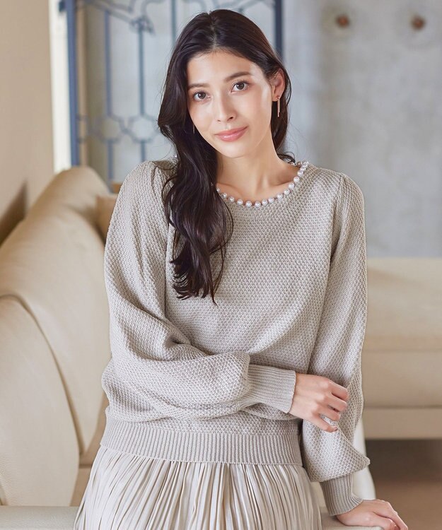 Tiaclasse 【洗える】衿パールニットトップス グレージュ