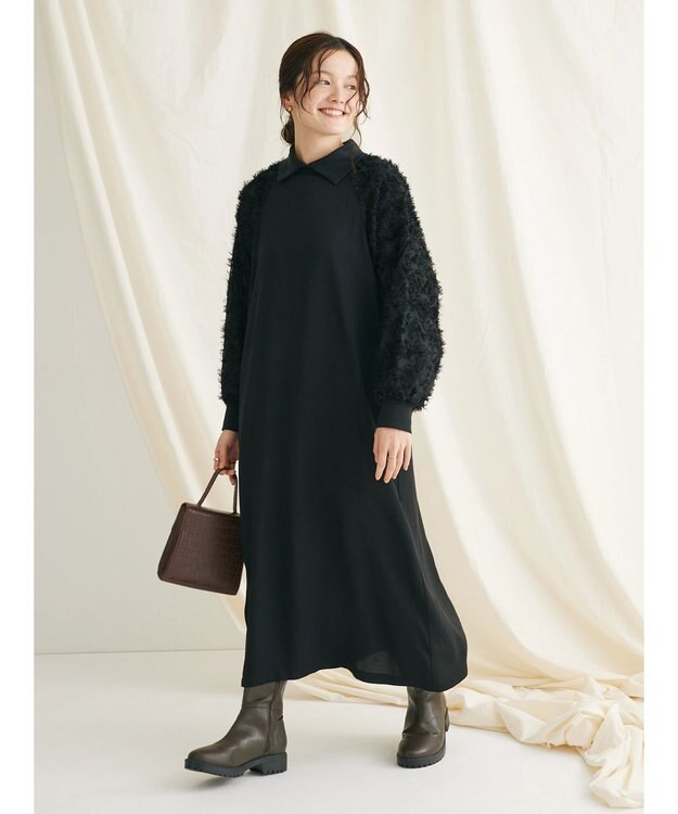 CRAFT STANDARD BOUTIQUE 袖ジャガードラグランワンピース Black