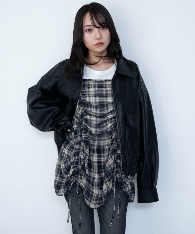 WEGO ドロストデザインキャミワンピース ブルーチェック1