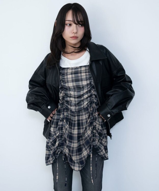 WEGO ドロストデザインキャミワンピース ブルーチェック1