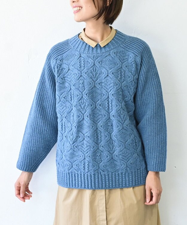 muuc 〈上質なシェットランドウール＆カシミヤ〉〈5種類の模様編み〉パッチワーク柄ケーブル模様編みセーター ブルー