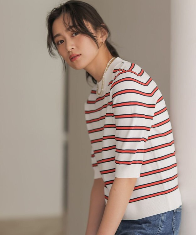 組曲 S マイラックカラー 6分袖 ニット ボーダー系1