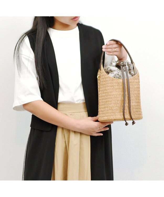 UNBILLION cachecache ジャガード巾着付きポリプロピレンバケツバッグ ブラウン