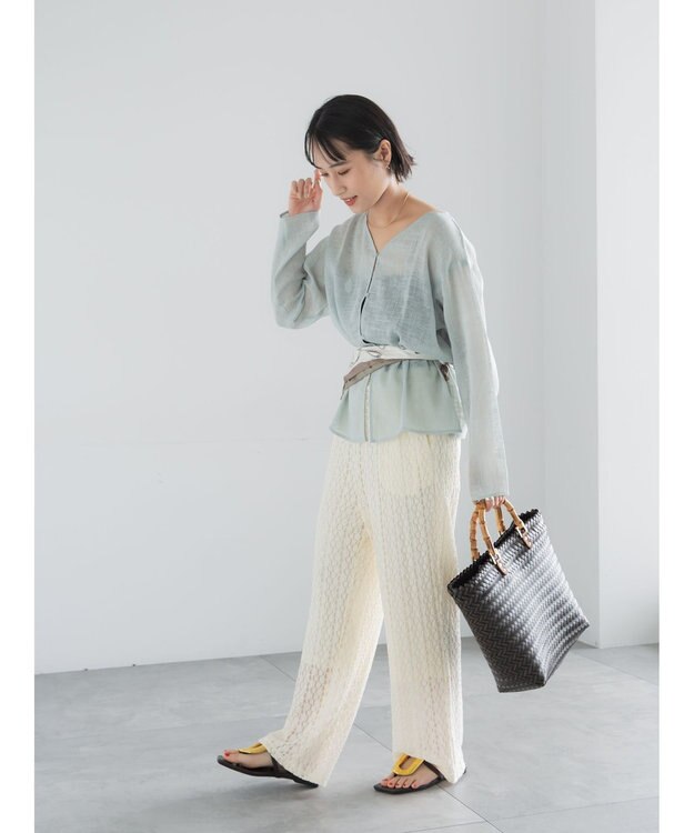 Te chichi レーヨンリネンメッシュシャツ サックスブルー