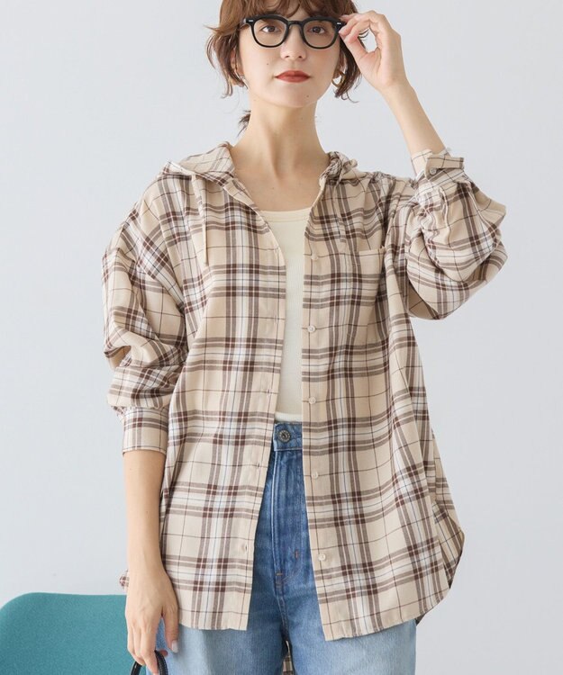 AMERICAN HOLIC チェックフードシャツ Beige