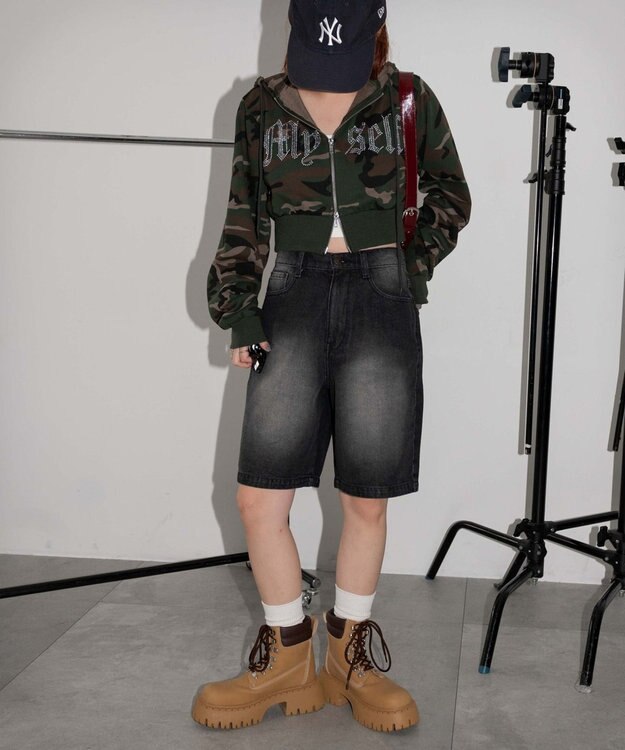 WEGO ヴィンテージウォッシュデニムハーフパンツ ブラック