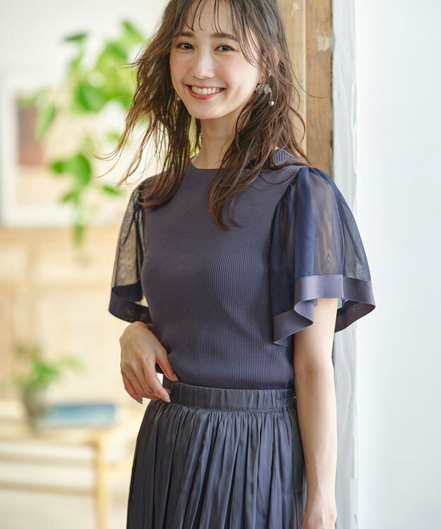 ANY SIS 【洗える】チュールスリーブ ニット ダスティブルー