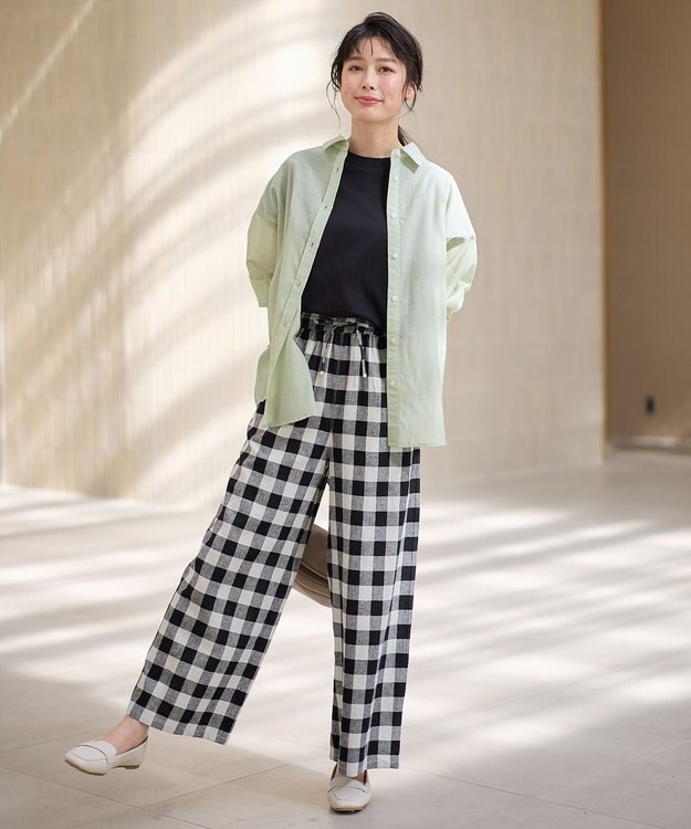 ANY 【ウエストゴム】リネンレーヨンワイドパンツ ブロックチェック