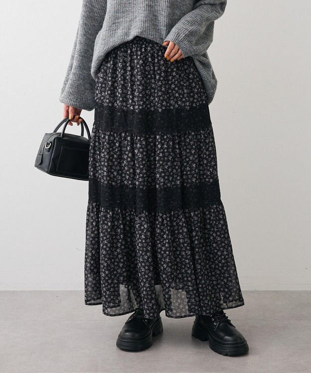 Green Parks レースドッキング花柄ティアードスカート Black