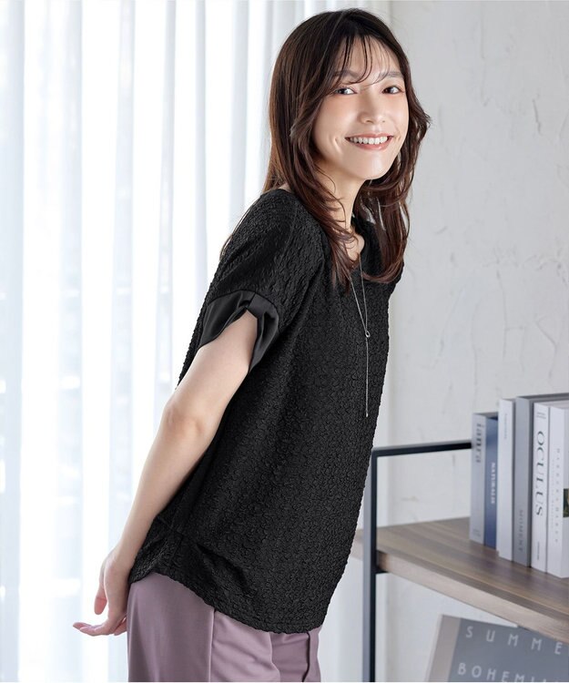 Tiaclasse 【洗える】ふくれジャカードカフス付きカットソー ブラック