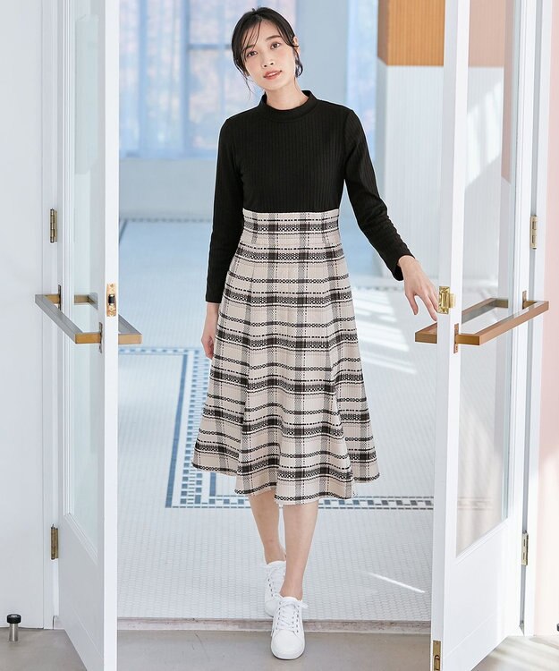 ANY SIS 【洗える】チェックジャガードコンビ ワンピース モノトーン系