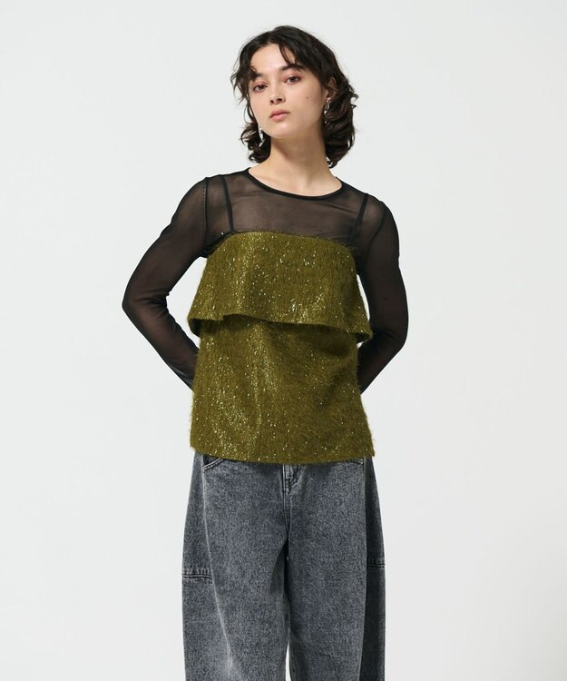 GRACE CONTINENTAL フリンジジャガードノースリーブ トップ カーキ