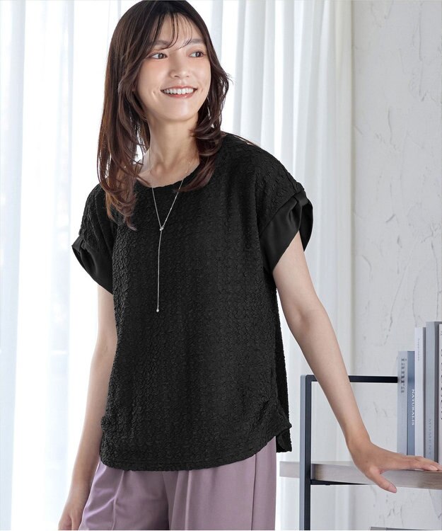 Tiaclasse 【洗える】ふくれジャカードカフス付きカットソー ブラック