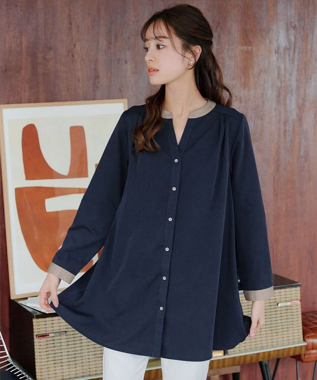 Tiaclasse 【洗える】クレリックシャツチュニックブラウス ネイビー×グレージュ