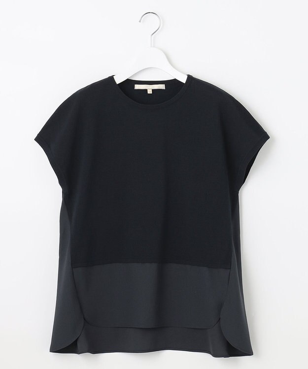 自由区 【洗える】ハイツイストコットンアセテート ニットコンビ プルオーバー ネイビー系