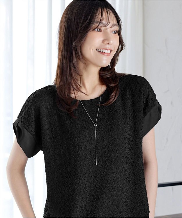 Tiaclasse 【洗える】ふくれジャカードカフス付きカットソー ブラック