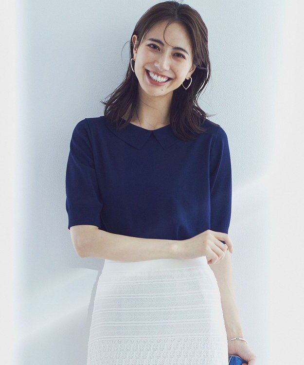 23区 L 【WEB限定】レーヨンポリエステルストレッチ 襟デザイン ニット ネイビー系