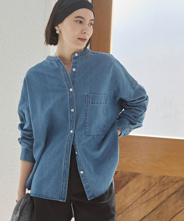 WEGO 【ANGIE VINTAGE】オーバーサイズ バンドカラー デニムシャツ ブルーその他