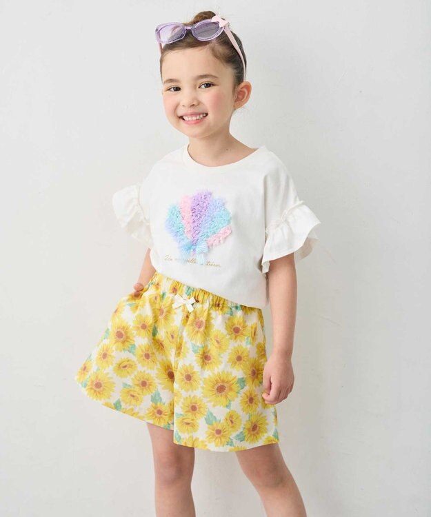 ANY KIDS 【綿100%】ひんやり フリル袖 もしゃもしゃTシャツ オフホワイト×シェル