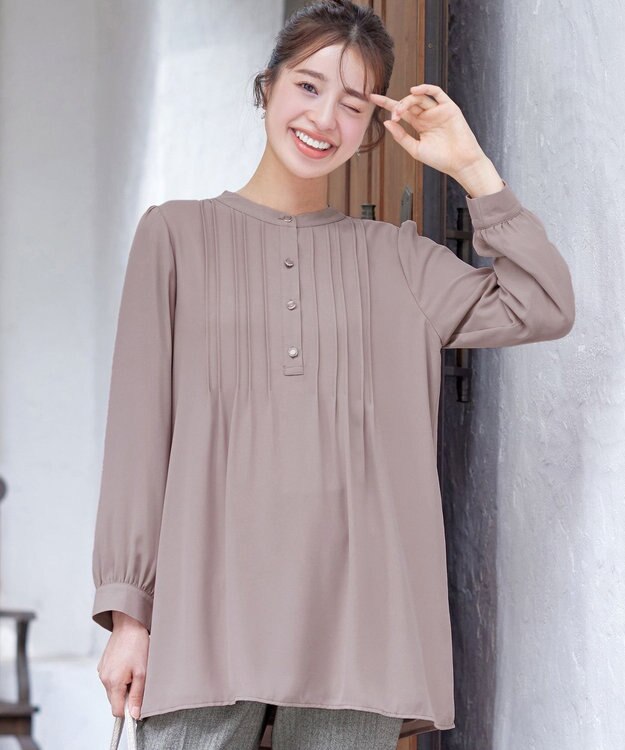 Tiaclasse 【スマート裏起毛・新色追加】 ピンタックシャツチュニック ピンクベージュ