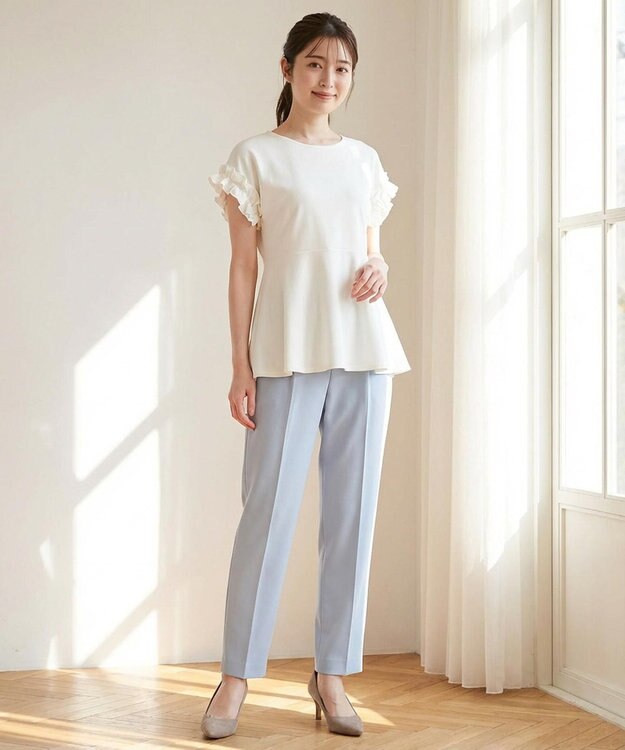 Feroux 【汗ジミが目立たない】フリル袖ペプラムデザインTシャツ ホワイト系