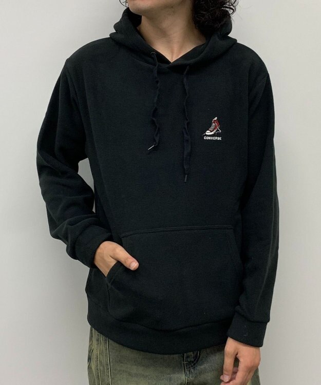 WEGO 【ユニセックス着用ITEM】ワッフルフリースOP刺繍プルパーカー ブラック