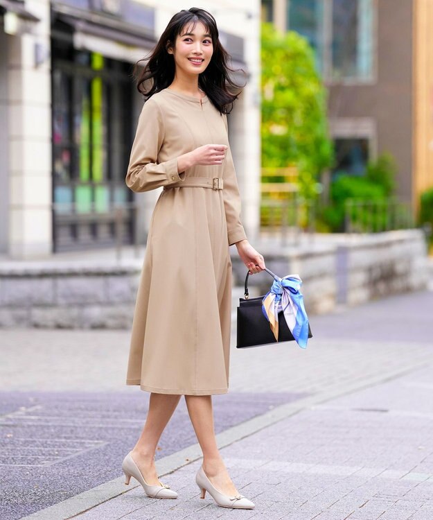 ANY SIS シャンブレーベルテッド ワンピース ライトベージュ