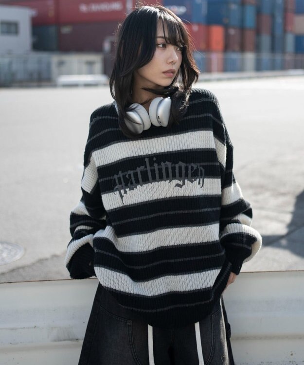 WEGO 【ユニセックス着用ITEM】アゼアミボーダーニットプルオーバー ブラックボーダー