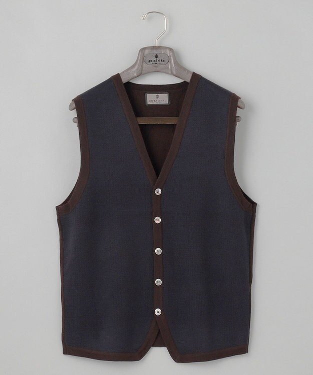 GOTAIRIKU 体温調整に【洗える/チクチクしにくい/ピリングしにくい】イタリア糸 ハイゲージ ベスト_WOOL100% ダークブラウン×ネイビー細チェック
