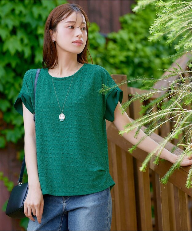 Tiaclasse 【洗える】ふくれジャカードカフス付きカットソー グリーン