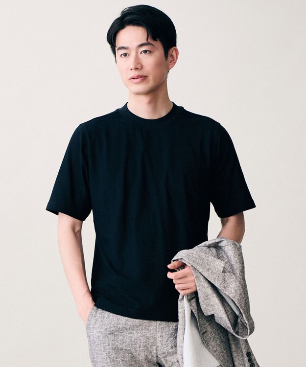 JOSEPH ABBOUD 【オリジナルジャージ生地/サラリ清涼/上質感】コンパクトブロックリンクス ドレス Ｔシャツ ネイビー系