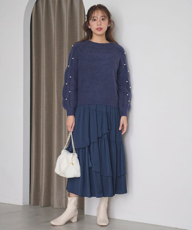 Feroux 【洗える】パールスリーブ ケーブルニット ネイビー系