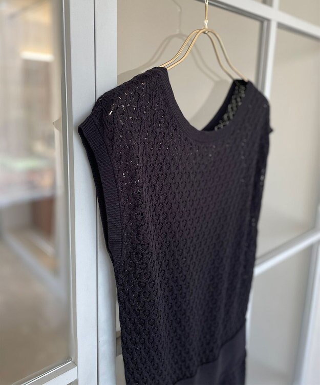 Feroux 【洗える】透かし編みニット ワンピース ブラック系