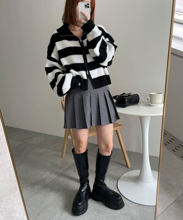 WEGO ダブルジップショートニットブルゾン ブラックボーダー