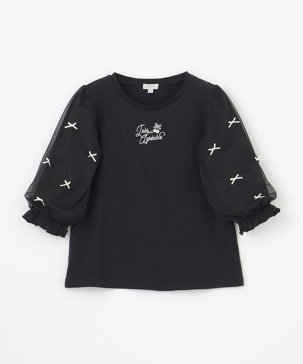 ANY KIDS リボン×チュール 七分袖Tシャツ ブラック