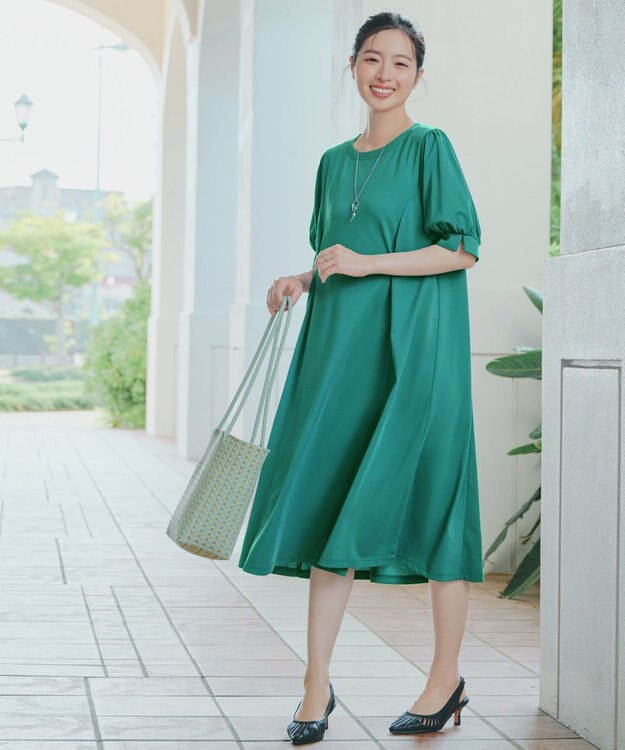 Tiaclasse 【おのののかさん着用】「サマケア」パフスリーブAラインワンピース グリーン