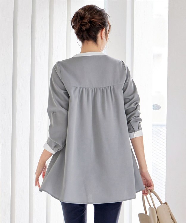 Tiaclasse 【洗える】クレリックシャツチュニックブラウス サックス×オフホワイト