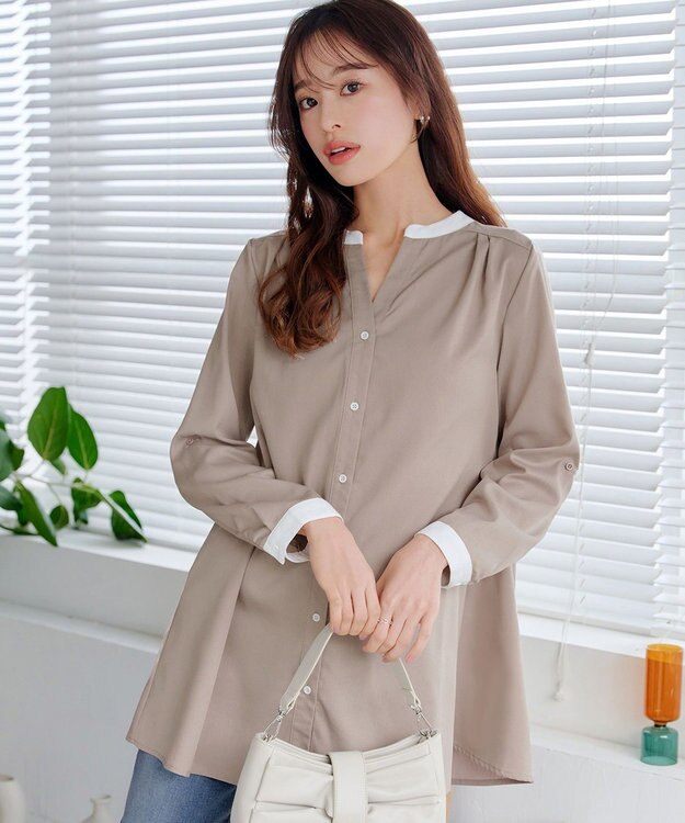 Tiaclasse 【洗える】クレリックシャツチュニックブラウス グレージュ×オフホワイト